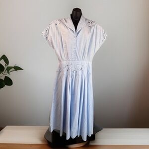 Vintage 80s Dress Baby Blue Cut-Outs 14 Embroidered Lace Dolman Collared Cowgirl